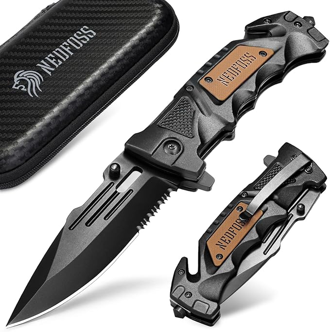NedFoss Pocket Folding Knife Gift for Men DA75, 3 in 1 Pocket Knife for Men, 3.9” Serrated Blade, Cool knives for Dad Fathers Day, Survival Knife with Liner-Lock Belt Clip, Seat Belt Cutter, Glass Breaker, Tacical Gear, Hunting knife for Camping Hiking...
