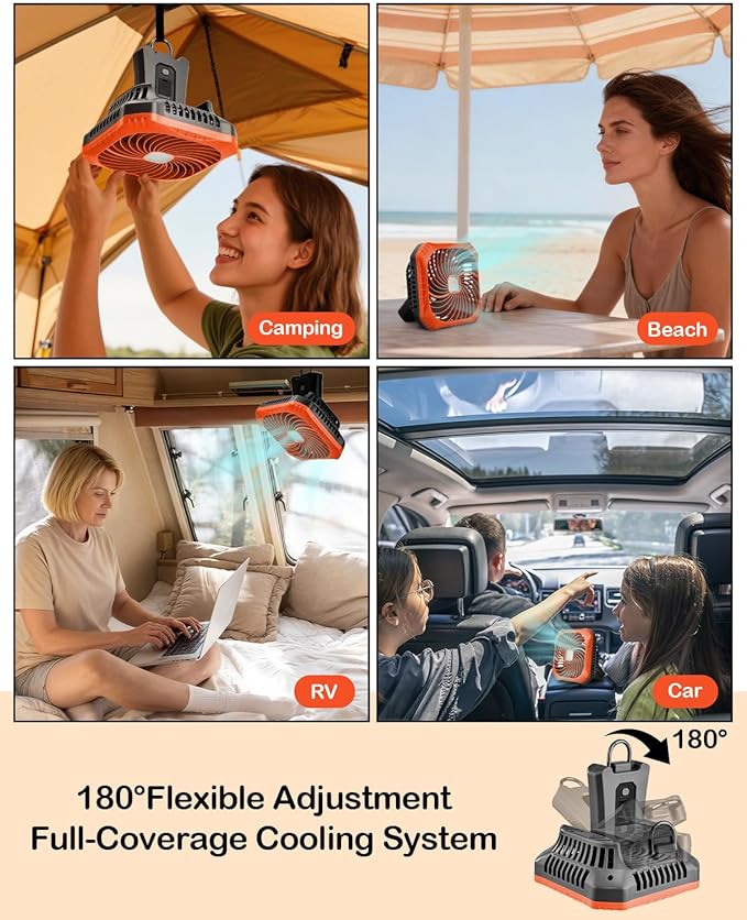 Odoland Portable Camping Fan with LED Lantern, 40H Rechargeable Battery Operated Quiet Tent Fan with Hanging Hook for RV Car Beach Outdoor Hurricane Emergency Outages