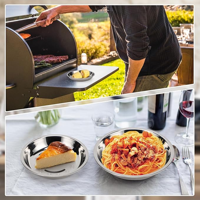 Patterned Deep Stainless Steel Plates, 8 Set 7 inch 304(18/8) Metal Food Serving Plate, Reusable Snack Eating Dishes Round Shatterproof Silver Dinnerware for BBQ Dinner Oven Dishwasher Safe