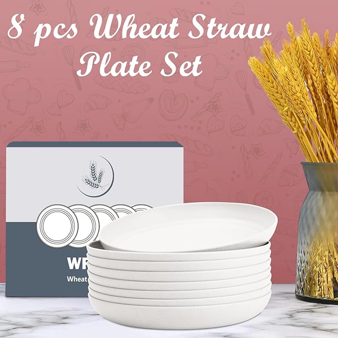 Wrova Wheat Straw Plates - 8 Inch Unbreakable Dinner Plates Set of 8 - Dishwasher & Microwave Safe Plastic Plates Reusable for Kitchen,R.V. (White)