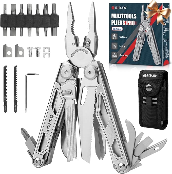 BIBURY Multitool Pliers Pro BI2045, Foldable Multitools with Replaceable Wire Cutters and Saw, Stainless Steel Multi Tool w/Upgraded Scissors and Screwdriver Set, Ideal for Camping, Hiking, Survival