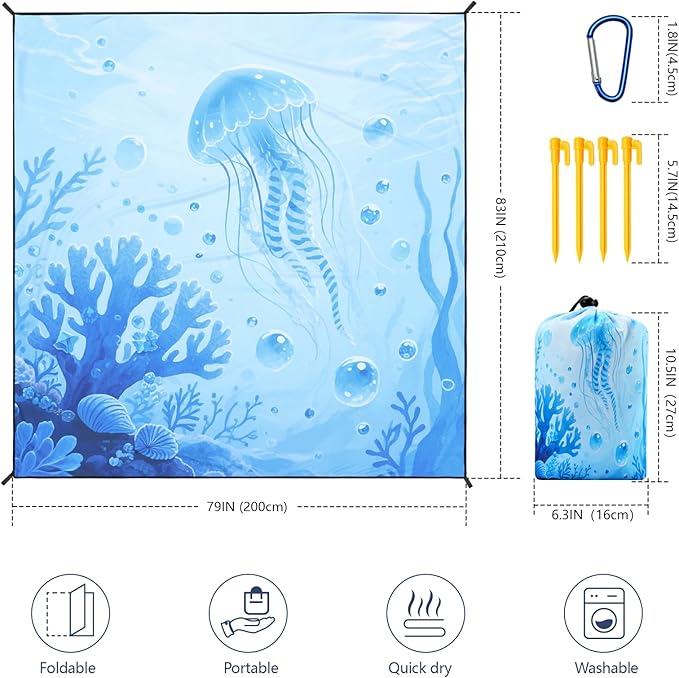WIWIGO Beach Blanket Waterproof Sandproof Beach Mat 79" X 83"/10'x9'for 2-8 Adults Quick Drying Outdoor Picnic Mat Beach Accessories for Travel, Camping, Hiking
