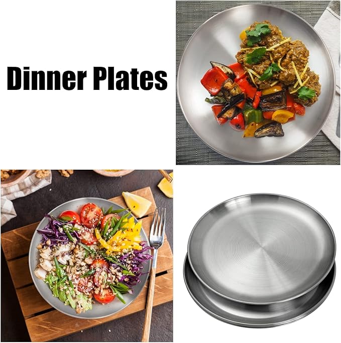 CAMBUY Stainless Steel Plates 9 inch 304 Metal Lightweight Unbreakable Dinner Dishes Plates Set Non-Toxin Dishwasher Safe BPA Free and Healthy (10 Pcs)