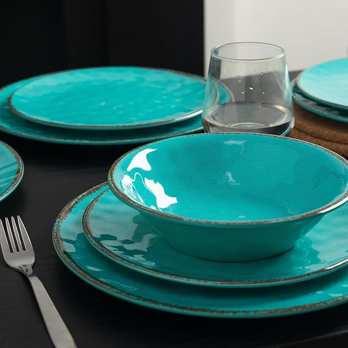 LEHAHA Rustic Melamine Dinnerware Sets, 12-piece Dishes Plastic Dinnerware Set for 4, Break-resistant Plates and Bowls Set, Outdoor Casual & Party Use Kitchen Dishes Set, Teal…
