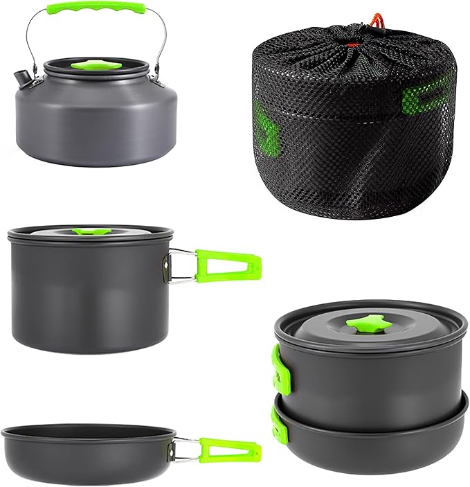 aiGear 3pcs Camping Cooking Set for 1-2 People, Lightweight Foldable Pot Pan Kettle with Storage Bag, Backpacking Cooking Set for Hiking Picnic Camping