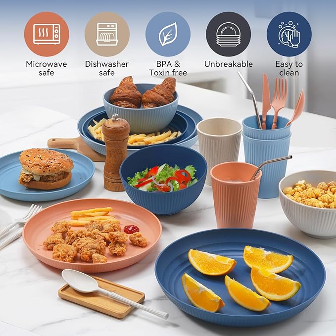 Wheat Straw Dinnerware Sets,64-Piece Plates and Bowls Sets for 8-Unbreakable,Reusable Plastic Dish Set-Dinner Plate/Dessert Plate/Cereal Bowl/Cup/Utensils-Microwavable Dishwasher Safe 64P-Gray
