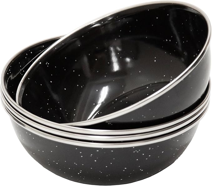 Stansport Deluxe 24-Piece Enamel Tableware Set - Enamel Plates and Bowls Lightweight and Durable Camp Dish Set for Camping and Backpacking Plates and Bowls for 4 People