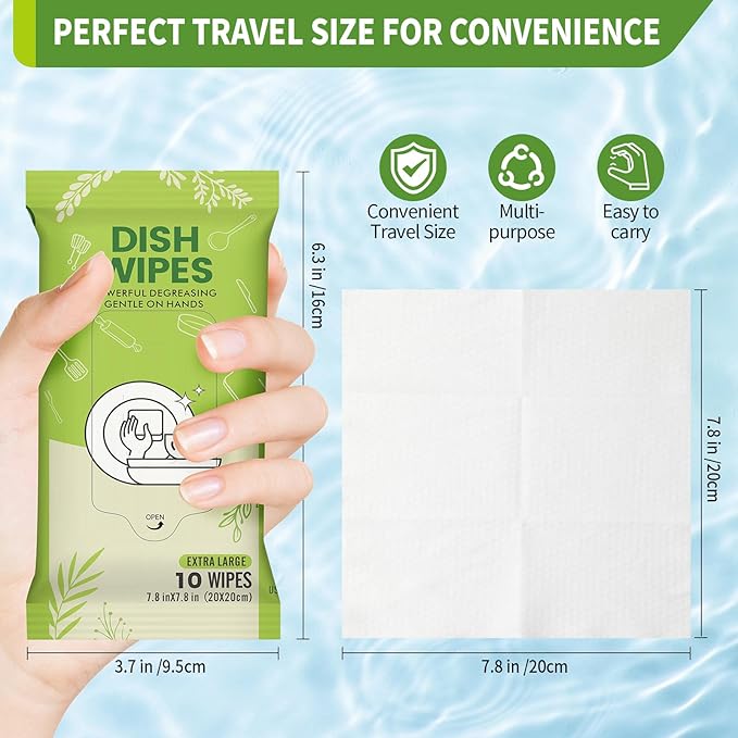 Creatyi 4 Pack Dish Wipes Camping Dish Wipes Travel Dish Soap Camp Kitchen Wipes Portable Cleaning of Plates, Bowls, Tableware and Ktchenware for Travel Camping (40 PCS)