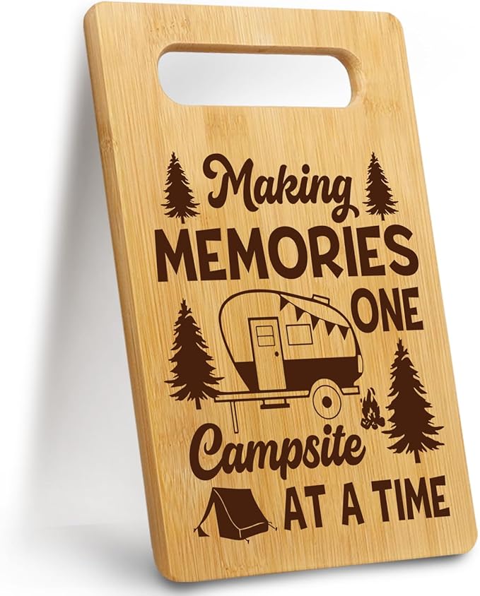 Happy Camper Bamboo Cutting Board for Rv CamperLovers, Small Camper Kitchen Essentials for Women Men, Camping Birthday Housewarming Gifts for Kitchen Decor, Making Memories One Campsite At a Time