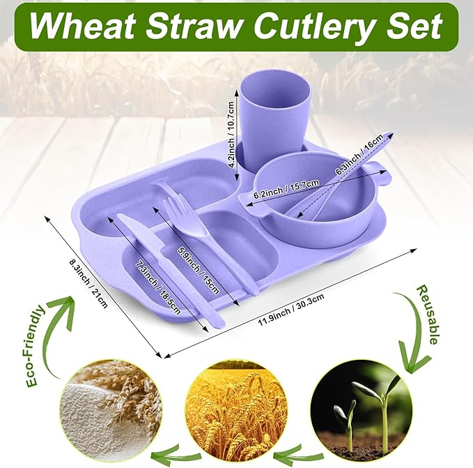 24 Pcs Wheat Straw Dinnerware Cutlery Set for Aldult Including Divided Plates Microwave Dishwasher Safe Bowl Unbreakable Tableware Straw Cutlery Spoon Knife Fork(Assorted Color)