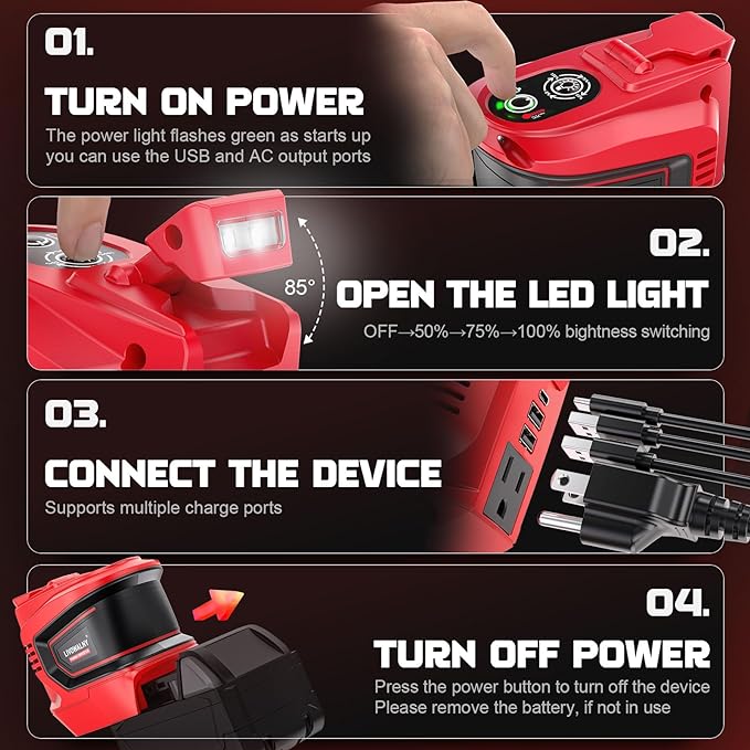LIVOWALNY 200-250W Power Inverter Compatible with Milwaukee 18V Battery - DC 18V to AC 110-120V Portable Power Station with 1 AC Outlet - 2 USB 1 Type-C & LED Light for Camping Power Outage -Tool Only