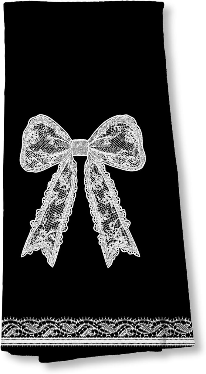 Black and White Coquette Lace Bow Print Kitchen Dish Tea Towels 16x24（Printing）, Girly Aesthetic Hand Towels for Bathroom, Coquette Bathroom Decor，Bow Towel（Print）