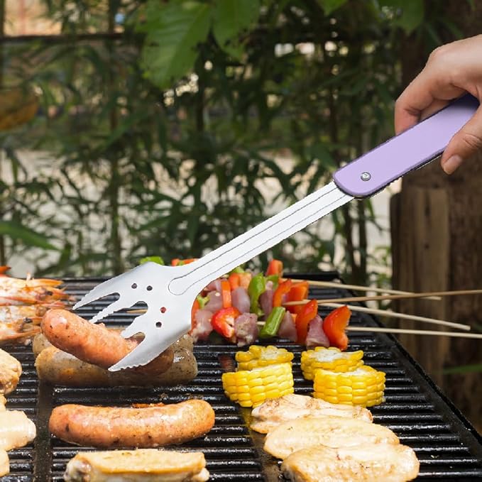 ROXON S601 14" 6 in 1 MBT3 Folding Grill Utensils Set Fork Spatula Grilling Knife Tongs Opener for Backyard Barbecue and Camping (Purple)