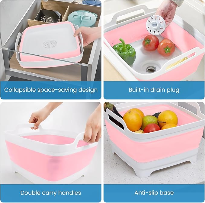 EZuraa 2.4 gal(9L) Pink Collapsible Dish Basin, Portable Sink or Dish Pan for Kitchen Sink with Drain Plug/Strainer, Space Saving Baby Bottle Wash Basin Collapsible Bucket, Beverage Tub for Camping