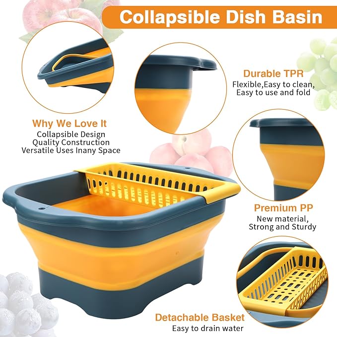 Collapsible Dish Basin with Drain Plug and Portable Sink, 11L(2.91 Gallon) collapsible Bucket with Sink, foldable Wash Basin for Station Campin/camping/Rv/Kitchen (Yellow)