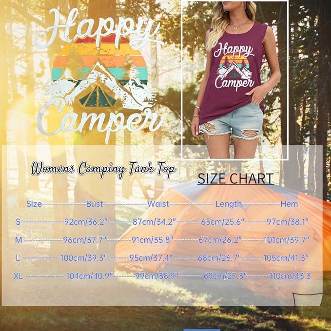 Happy Camp T-Shirt Women Hiking Mountain Adventure Novelty Workout Funny Saying Cute Graphic Athletic Shirt