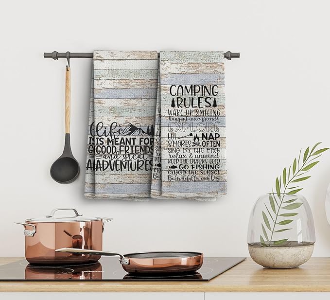 Camping Kitchen Towels, Camping Hand Towels and Dishcloths Set of 2, Camping Decor, Camper Gifts, Camping Gifts for Camper Women, Rv Decorations for Inside Camper, 16×24 Inches