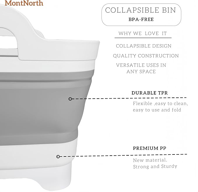 MontNorth Collapsible Wash Basin 9L, Foldable Dish Tub with Drain Plug, Portable Collapsible Dish Basin, Camping Sink for Washing Dishes, Laundry & Kitchen Use,Gray