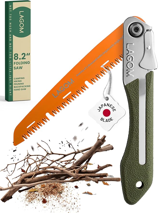 LAGOM Folding Camp Saw for Cutting Branches, 8.2" Straight Blade | SK5 Steel, Ergonomic Handle, One-Hand Use, Secure Lock | Foldable Pruning Tool for Camping, Gardening, Survival, Kayaking, Outdoors