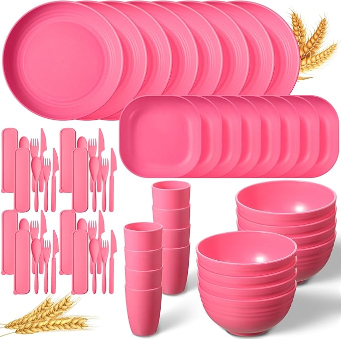 Didaey Wheat Straw Dinnerware Sets Unbreakable Plates and Bowls Microwave Safe Plastic Lightweight Knives Forks Spoons for Kitchen Outdoor Camping Party(Rose Red, 64 Pcs)