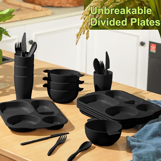 24 Pcs Wheat Straw Dinnerware Cutlery Set for Aldult Including Divided Plates Microwave Dishwasher Safe Bowl Unbreakable Tableware Straw Cutlery Spoon Knife Fork(Black)