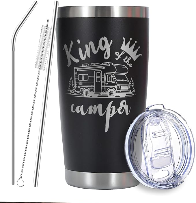 King of the Camper Tumbler, Perfect Camping Gifts for Men Dad Brother Husband Grandpa Outdoor Adventures Lovers, Christmas, Birthday Gifts for Campers, 20 oz Camping Tumbler with Lid Straws