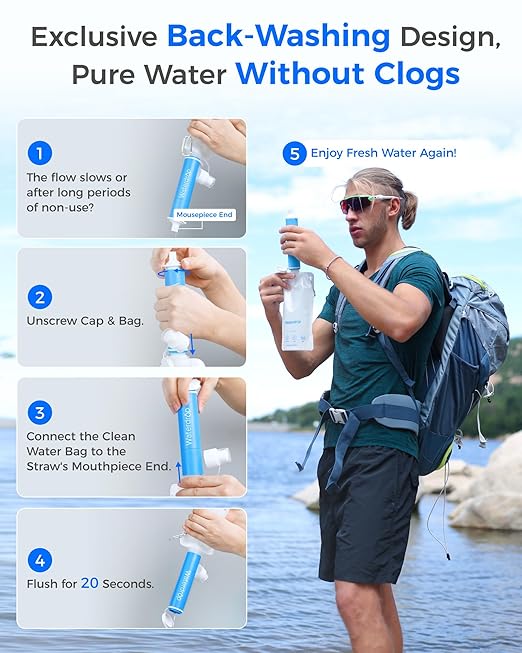 Waterdrop Gravity Water Filter Straw, Camping Water Filtration System, Water Purifier Survival for Travel, Backpacking and Emergency Preparedness, 1.5 gal Bag, 5 Stage Filtration, Pack of 1