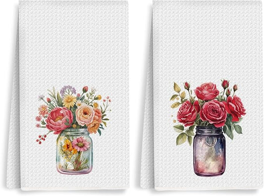 2PCS Watercolor Rose Kitchen Towels, Flower Vase Glass Waffle Weave Dish Tea Hand Towels for Home, Dinner Party, Wedding Gift, Home Decor, Housewarming Farmhouse Gifts for Women Friend