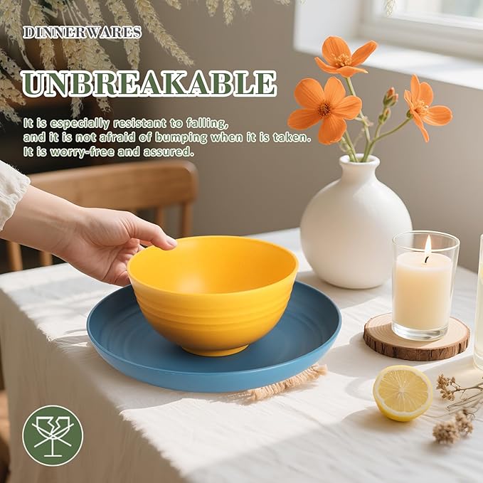 Wrova Wheat Straw Plates and Bowls Set with Flatware,20-piece Unbreakable Kids Plates and Bowls sets,Dishwasher Safe Wheat Straw Dinnerware Sets for Kitchen,Camping,Apartment and Dorm.Vibrant Series