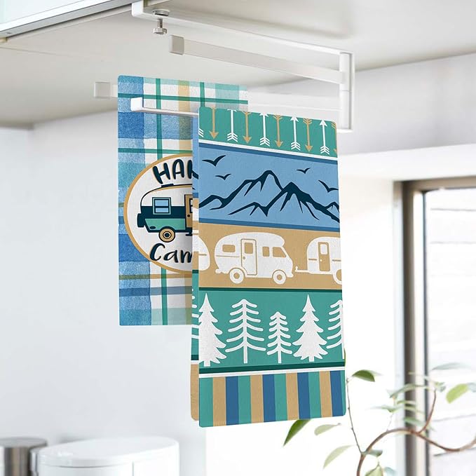 Happy Camper Kitchen Dish Towels Set of 2, Camping RV Adventure Travel Mountain Tree Drying Hand Towel Baking Cooking Cloth, Campsite Buffalo Plaid Bathroom Home Decoration 18'' x 26''