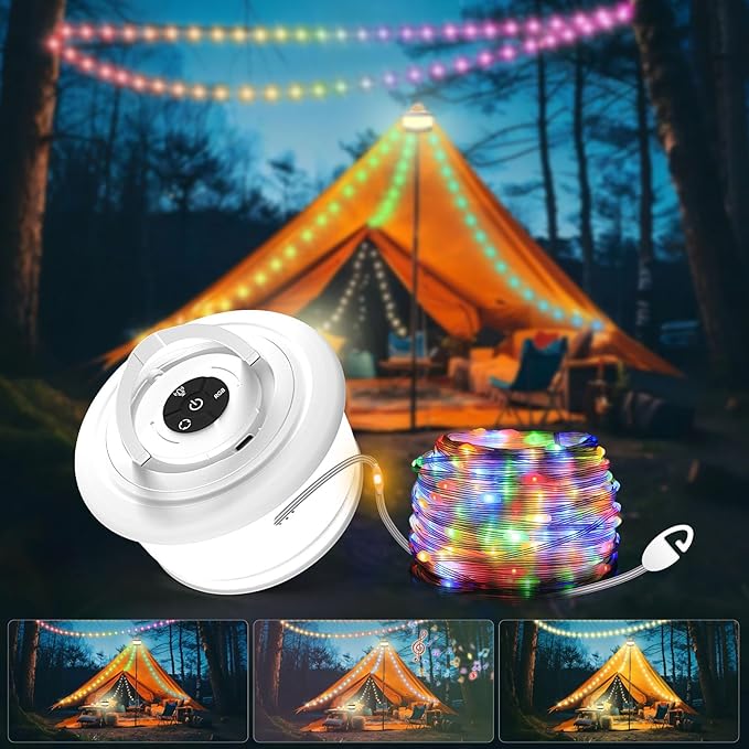 TOHETO 2-Pack Camping String Lights, 3 in 1 Upgraded Retractable RGB Outdoor String Lights with 19 Lighting Modes, Quick 30s Recovery, 32.8 FT Portable Tent Light, Rechargeable Camping Lantern (White)