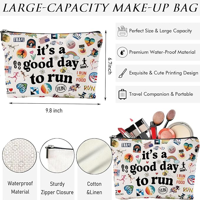Running Gifts Makeup Bag for Women, Marathon Runner Zipper Pouch, It's a Good Day to Run Cosmetic Bag, Marathon Lovers Sports Accessory Travel Toiletry Organizer