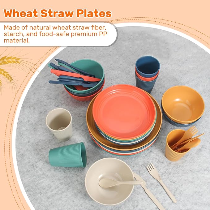 LAERJIN 56 Piece Wheat Straw Dinnerware Sets, Service for 8, Unbreakable Reusable Dinnerware Set,Dishwasher & Microwave Safe Plates and Bowls Sets, for Apartment Essentials, Outdoor Camping, Colourful