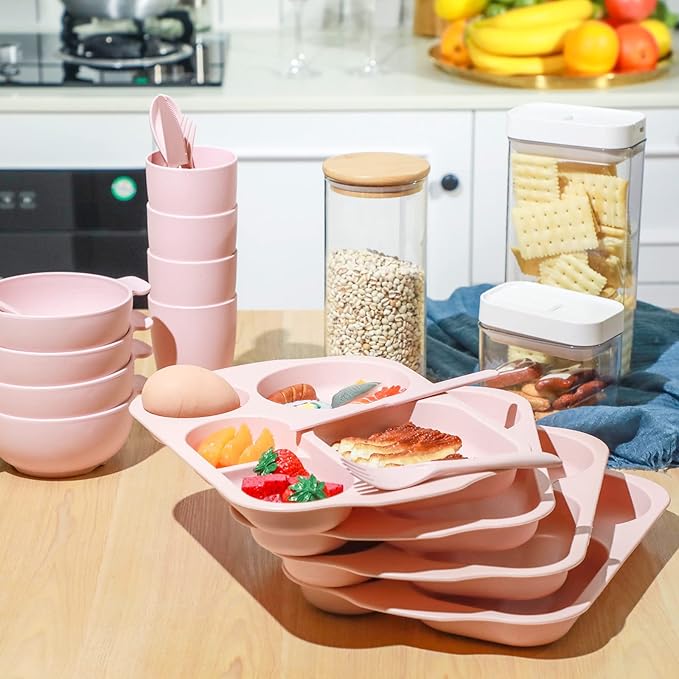 24 Pcs Wheat Straw Dinnerware Cutlery Set for Aldult Including Divided Plates Microwave Dishwasher Safe Bowl Unbreakable Tableware Straw Cutlery Spoon Knife Fork(Pink)