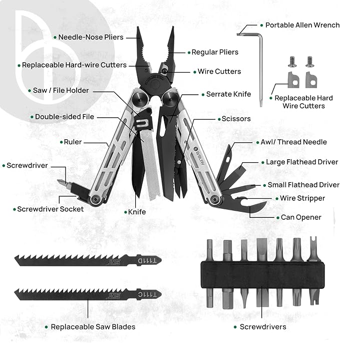 BIBURY Multitool Pliers Pro BI2045, Foldable Multitools with Replaceable Wire Cutters and Saw, Stainless Steel Multi Tool w/Upgraded Scissors and Screwdriver Set, Ideal for Camping, Hiking, Survival