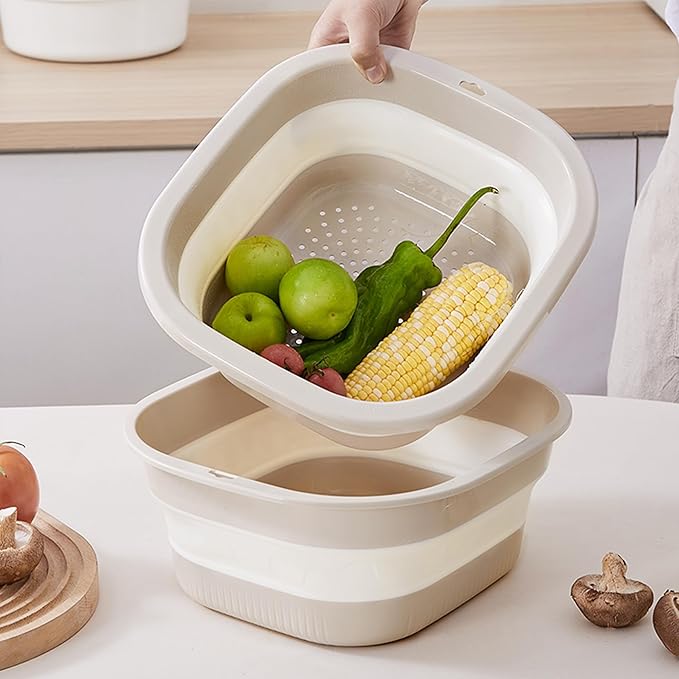 Collapsible Dish Basin with Colander, Foldable 2-in-1 Dish Pan and Strainer Set with Drain Holes, Portable Wash Basin for Kitchen Sink, Camping, Travel & RV (Grey)