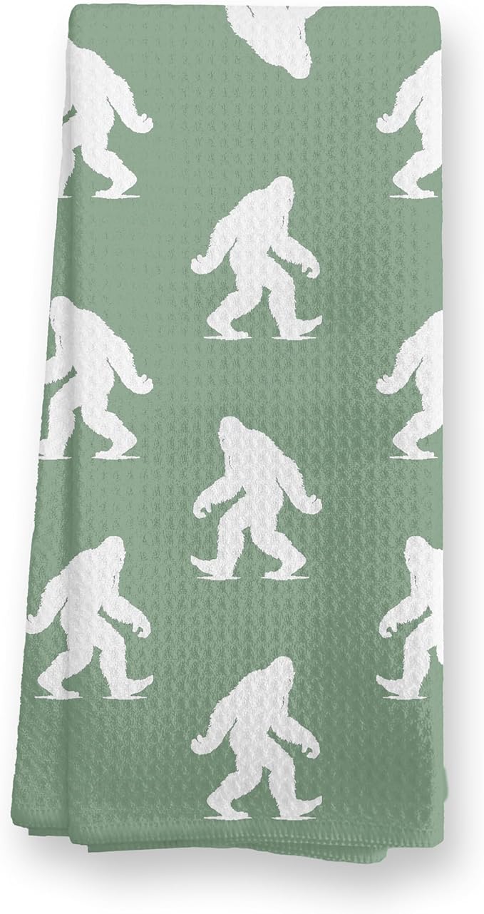 Abstract Retro Sasquatch Kitchen Towels, Sasquatch Gifts Dish Tea Towels for Kitchen Decor, Gifts for Hiking Camping Lovers Hand Towel for Bathroom Decor, 16x24 Inch, (Sage Green and White)