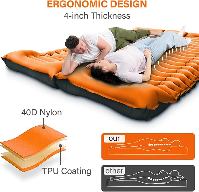 Yuzonc Double Sleeping Pad for Camping, 4" Extra Thick Self-Inflating Air Mattress - 2 Person Inflatable Camping Mat with Built-in Foot Pump & Pillow, Backpacking Hiking Tent Travel-Orange