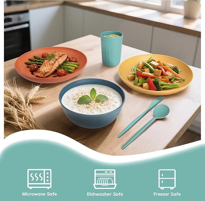 PYRMONT Wheat Straw Dinnerware Sets Unbreakable Dish Set for 4 Dishwasher & Microwave Safe Plates and Bowls Sets 28 PCS Alternative Plastic Dishes Set for Camping,Picnic,BBQ-Colorful