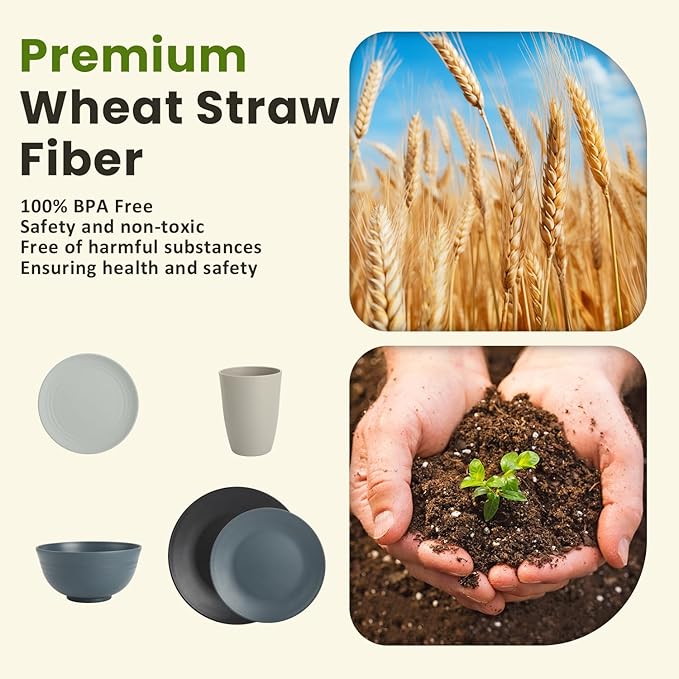 Homienly Premium 40 PCS Wheat Straw Dinnerware Set - Dinner Plates, Cereal Bowls, Unbreakable Cups Set, Microwave and Dishwasher Safe Dishes Set, Reusable Lightweight Dish Sets for Kitchen(Black Grey)