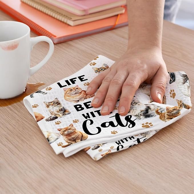 2PCS Cute Cat Kitchen Towels, Cat Themed Gifts Reusable Absorbent Waffle Weave Dish Tea Towels for Cleaning Cooking Baking, Cats Lovers Gifts for Women Microfiber Kitchen Towel, Housewarming Gift-2