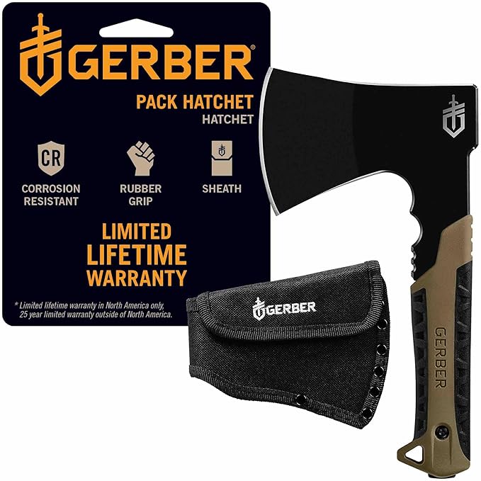 Gerber Gear Pack Hatchet - 3.5" Steel Blade Axe with Full Tang - Survival, Bushcraft and Camping Gear - with Mountable Nylon Sheath - Brown