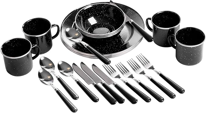 Stansport Deluxe 24-Piece Enamel Tableware Set - Enamel Plates and Bowls Lightweight and Durable Camp Dish Set for Camping and Backpacking Plates and Bowls for 4 People