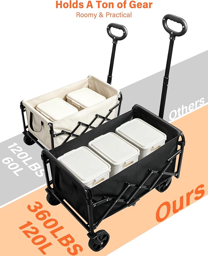 Wagons Carts Foldable, Collapsible Wagon, Foldable Wagon Cart with Wheels, Folding Wagons for Beach Camp Sports Garden, 2 Cup Holders/Lightweight Portable/Black/360 LBS