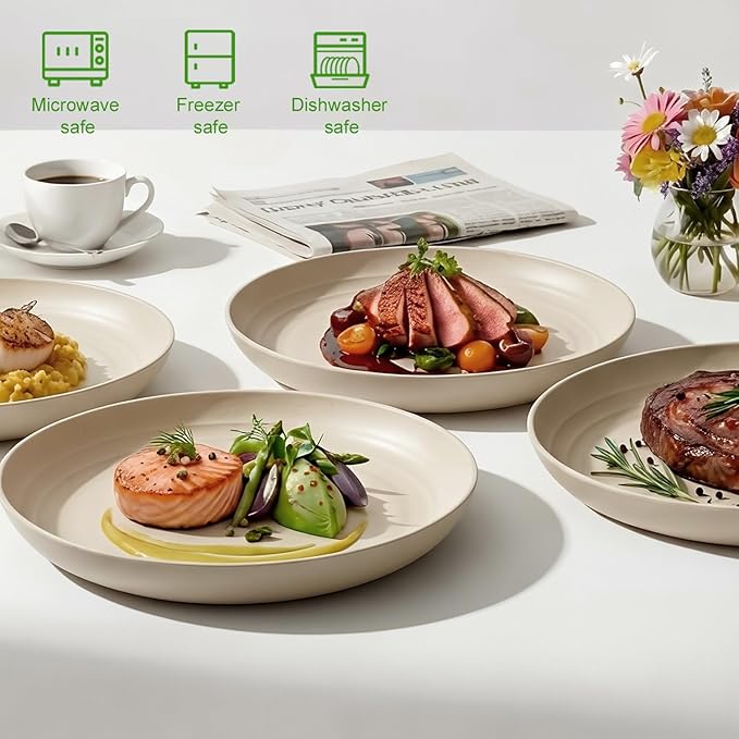 Wheat Straw Dinner Plates 6-Piece Set, 10 Inch Unbreakable Deep Plates, BPA-Free Reusable Plastic Plates, Microwave and Dishwasher Safe for Family, Kitchen, Beige