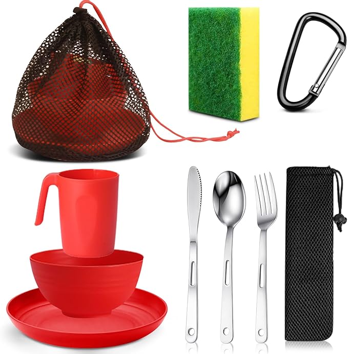 Scout Camping Mess Kit for Person Boy Scout Dishes Set Girl Scout Mess Kit with Mesh Bag Reusable Light Weight Eating Utensils Plastic Camping Cutlery Set for Travel Camp