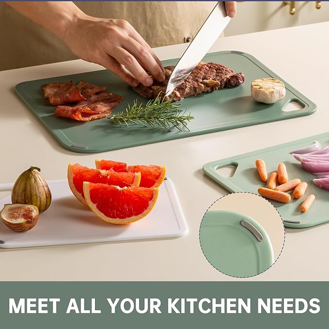 THETCHRY Plastic Cutting Board Set of 3-Cutting Boards for Kitchen BPA Free, Large-Small Chopping Boards Non-Slip for Cooking Camping Dishwasher Safe, Reversible, with Grip Handle, 15"×10"×0.25" Green