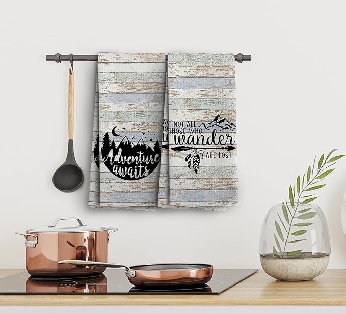 Camping Dish Towels, Camping Gifts for Women Men, Camping Decor for Camper, RV Accessories, Adventure Awaits Decoration Hand Tea Towels, Set of 2, 16x24