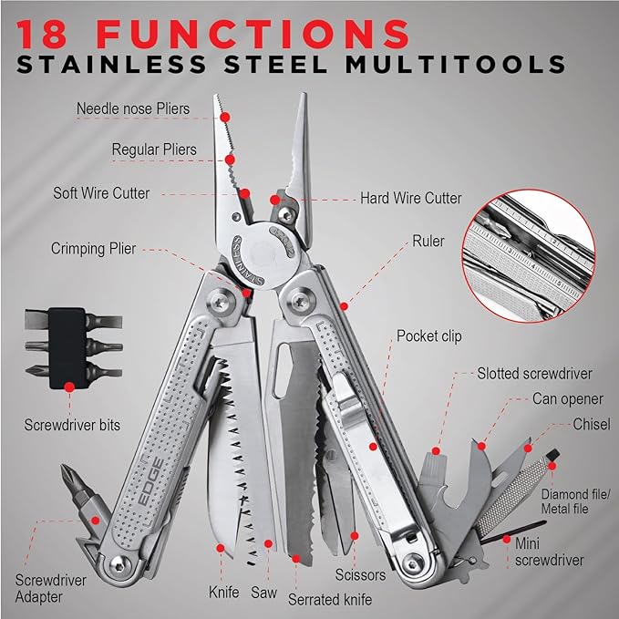 EDGE Multi-Tool Pliers, 14-in-1 Stainless Steel Multitool with Knife, Saw, Scissors, Wire Cutter & Screwdriver Bits, Compact Folding Pocket Tool for Camping, Survival, Fishing & Car Emergency (Silver)