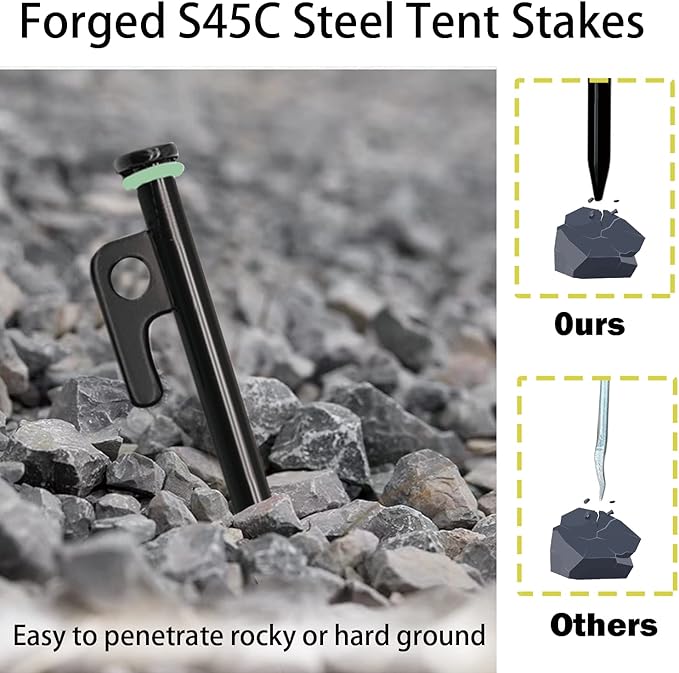 Heavy Duty Forged Steel Tent Stakes - 8Pcs 10in + Storage Pouch, Ideal for Rocks, Grassland, Desert, Stormy Weather